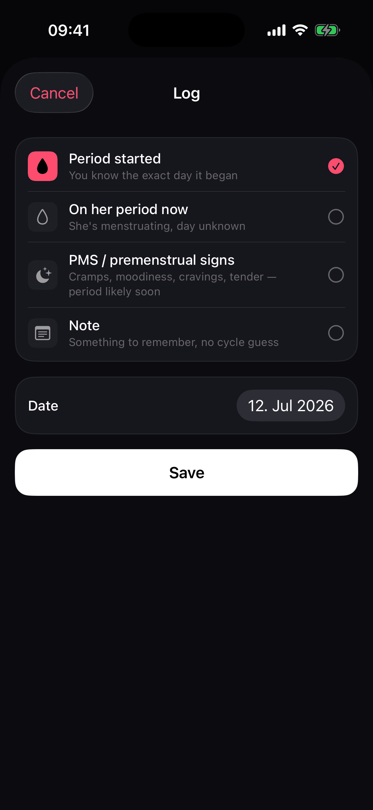 Cycles log screen with exact period, current period, PMS signs, and note options