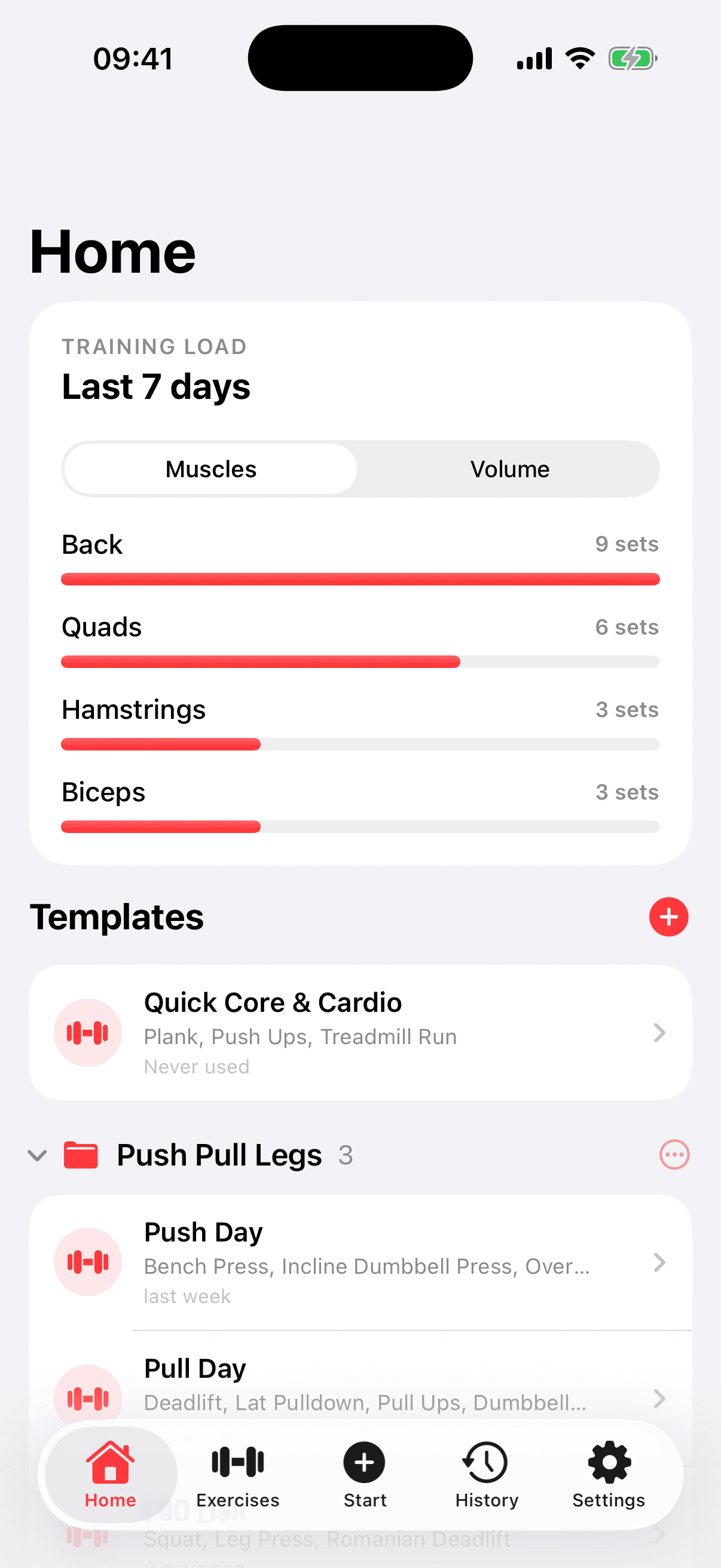 Home screen with training load, a quick workout, and a Push Pull Legs template folder
