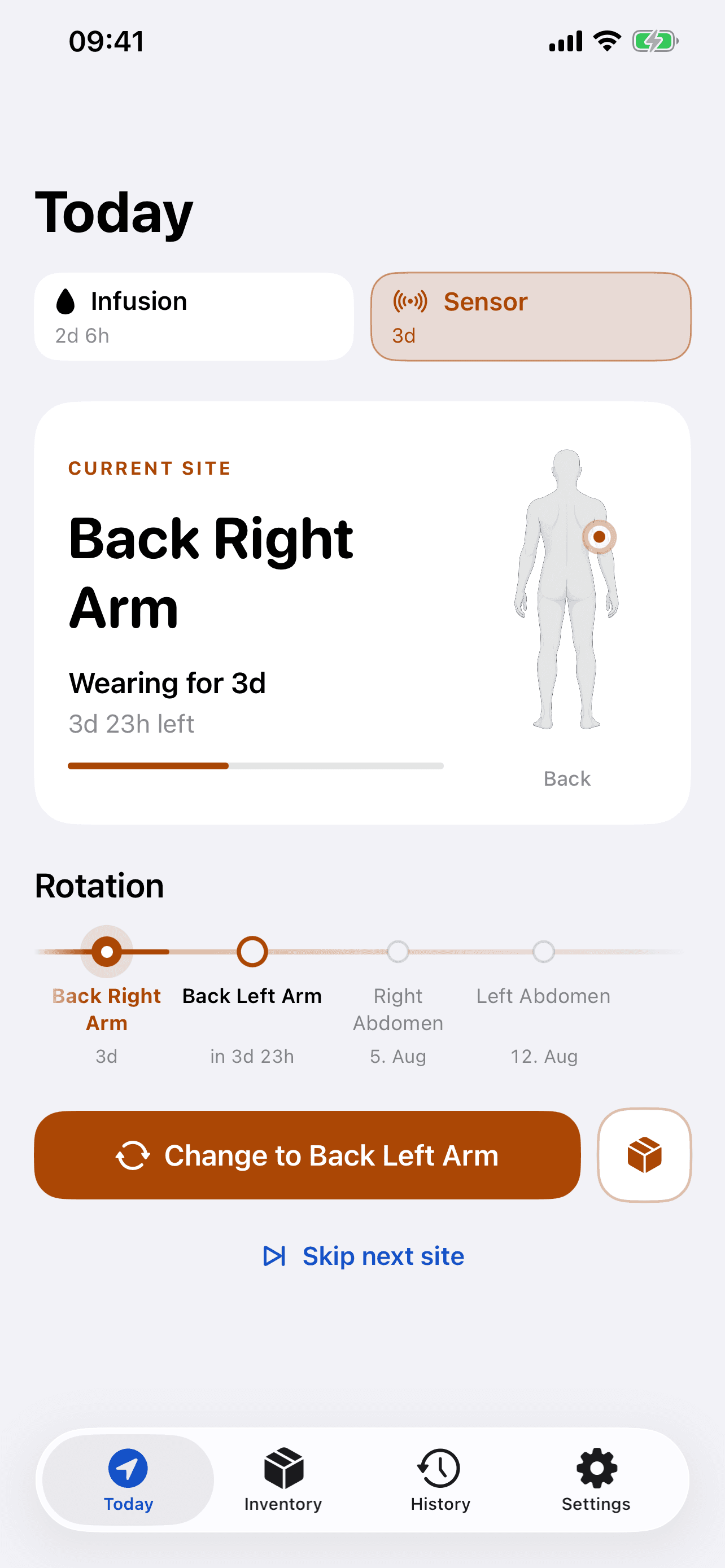 Sensor tracker selected on the Today screen with an amber wear-time state