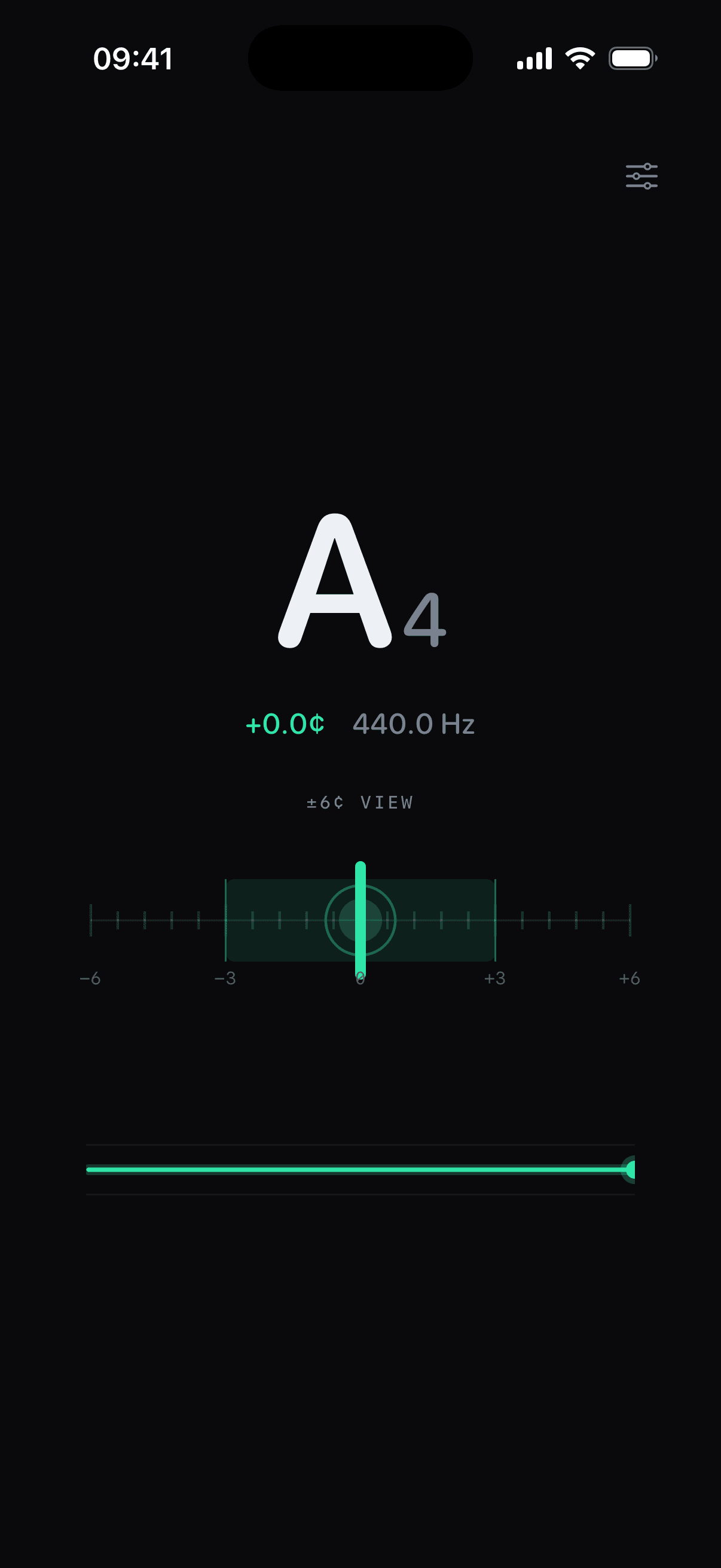 Tuner showing A4 at exactly zero cents in the magnified six-cent view