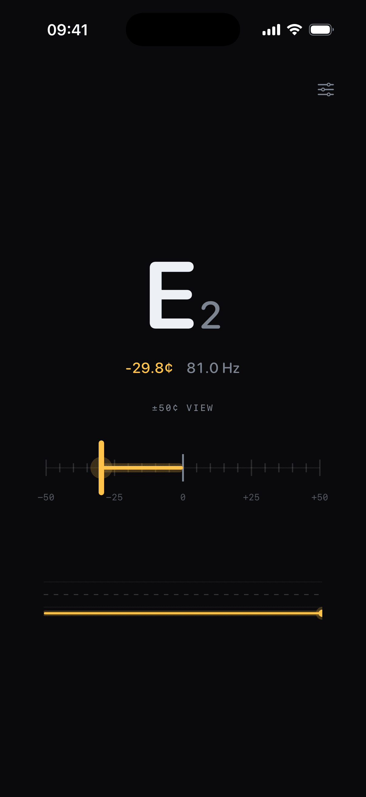 Tuner showing E2 nearly thirty cents flat on the wide fifty-cent view